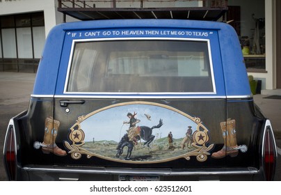 MARFA, TEXAS/USA - July 22, 2012: Decorated vintage car with Texas motto:"If I can't go to heaven then let me go to Texas"