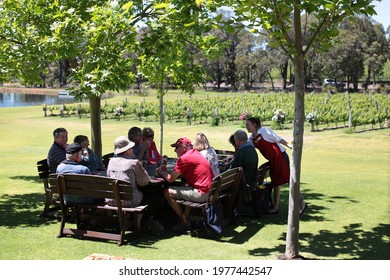 MARGARET RIVER, AUSTRALIA - 26 OCT 2012: Group Of People Enjoys Food And Wine Tasting At A Vineyard In Margaret River, Western Australia.