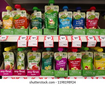 MARGARET RIVER, AUSTRALIA - JUNE 16, 2018: Various Flavours Of Rafferty's Garden Brand Baby Food Pouches On Coles Store Shelf. Coles Is An Australian Supermarket, Retail And Consumer Services Chain.