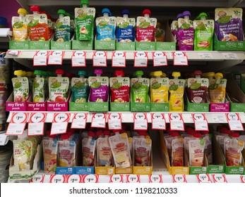 MARGARET RIVER, AUSTRALIA - JUNE 16, 2018: Various Flavours Brand Of Baby Food Pouches On Coles Store Shelf. Coles Is An Australian Supermarket, Retail And Consumer Services Chain.