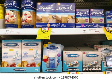 MARGARET RIVER, AUSTRALIA - JUNE 16, 2018: Various Brand Of Sugar Substitute On Store Shelf. It Is A Food Additive That Provides A Sweet Taste Like That Of Sugar While Containing Less Food Energy.