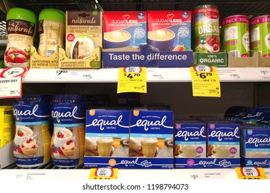 MARGARET RIVER, AUSTRALIA - JUNE 16, 2018: Various Brand Of Sugar Substitute On Store Shelf. It Is A Food Additive That Provides A Sweet Taste Like That Of Sugar While Containing Less Food Energy.