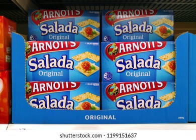 MARGARET RIVER, AUSTRALIA - JUNE 16, 2018: Arnott's Salada Flavoured Biscuit Snack On Store Shelf. Arnott's Biscuits Is Australia's Largest Producer Of Biscuits And The 2nd Largest Snack Food.