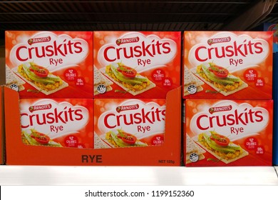 MARGARET RIVER, AUSTRALIA - JUNE 16, 2018: Arnott's Cruskits Rye Flavour Biscuit Snack On Store Shelf. Arnott's Biscuits Is Australia's Largest Producer Of Biscuits And The 2nd Largest Snack Food.