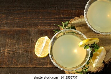 Margarita Cocktail, Alcoholic Drink, Margarita Cocktail With Lemon And Mint And Salt On A Wooden Table. Bar. Bar Stock And Accessories. Top View