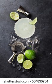 Margarita Cocktail On Dark Stone Table. Top View