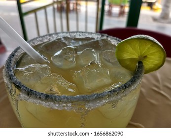 Margarita. Icy Cold Drink With Salted Rim. Close Up. Lime