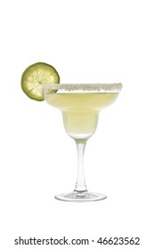 Margarita Mixed Drink With Salted Rim And Lime Slice Garnish On A White Background