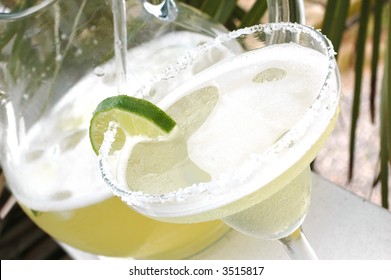 Margarita And Pitcher With Salt And Lime With Palm Tree In Background.