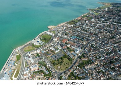 Margate, Cliftonville, Isle of Thanet, Kent, UK -  August 17 2019: Aerial views shot from a helicopter of Margate showing the historic streets, the beaches and coastline.
