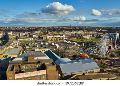 Margate, United Kingdom - February 5, 2021: The View From Arlington House In Margate Towards Cliftonville, With The Covid 19 Testing Facility Behind The Dreamland Amusement Park.