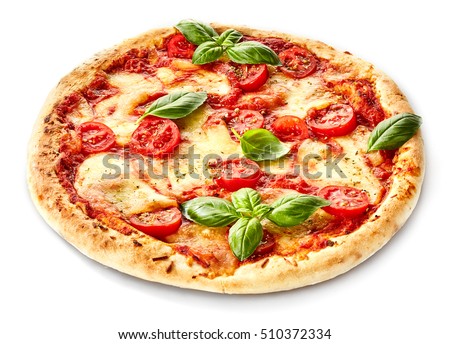 Margherita Italian pizza with melted mozzarella cheese and tomato garnished with fresh basil on a thick crust