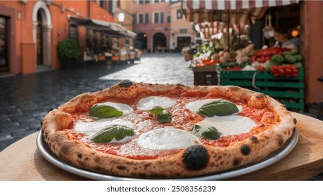 Margherita Pizza: Classic Margherita pizza with a thin, crispy crust topped with rich tomato sauce, fresh mozzarella, and fragrant basil leaves, celebrating simple Italian flavors. - Powered by Shutterstock