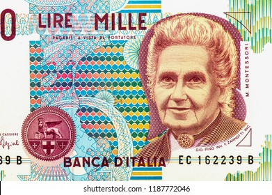 Maria Montessori, Portrait From Italy 1000 Lire 1990 Banknote. 