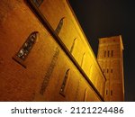 Maria Schutz catholic church illuminated at night, low angle view, concept of religion, Christ, holiness, resurrection and worship (horizontal), Kaiserslautern, Rhineland Palatinate, Germany
