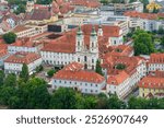 Mariahilfkirche (Church of Our Lady of Succor) and Minorite Monastery, seen from Graz Castle Hill, old town of Graz, Austria.
