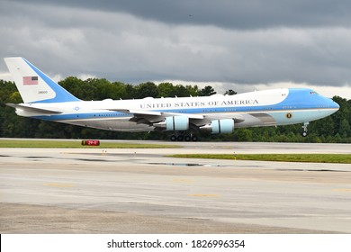 MARIETTA, GA- SEPTEMBER 25, 2020: Air Force One Lands Under Dark Cloudy Skies With President Trump Aboard At Dobbins Air Reserve Base.