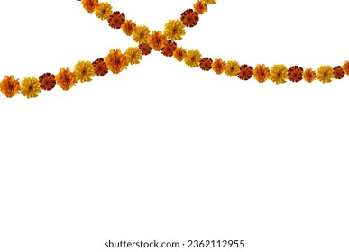 Marigold flowers garland isolated on white background. Marigold garland for day of the dead or halloween holiday design.