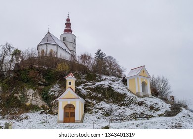 Marija Gradec Church On A Hill Near Town Of Lasko, Slovenia. Winter Scene.