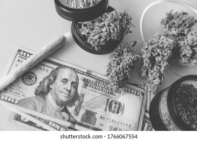 Marijuana Bud And Banknotes Of Dollars. Cannabis Money Black Market. Cannabis In Economics.