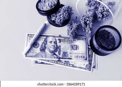 Marijuana Bud And Banknotes Of Dollars. Cannabis Money Black Market. Cannabis In Economics.