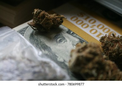 Marijuana Bud On Hundreds With Dime Bag