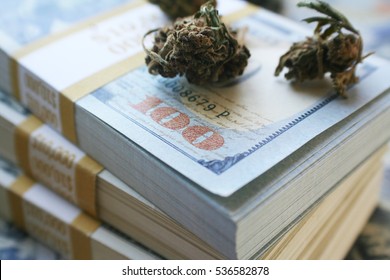 Marijuana Buds On Stacks Of Ten Thousand Dollar Bundles High Quality 