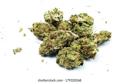 Marijuana and Cannabis bud in a Pile on White Background. 