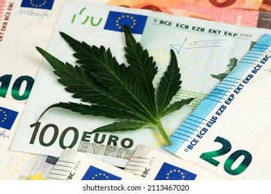 Marijuana Cannabis Leaf and Euro Banknotes. Marijuana business concept. Medical Marijuana stock market concept. CBD Euro Dollar Cannabis THC Marijuana Europe
