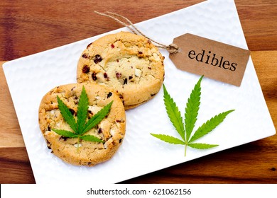 Marijuana - Cannabis - Medicinal Edibles - Cookies With Tag And Leaf
