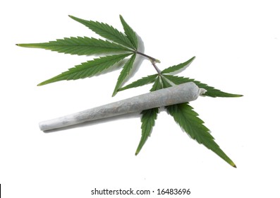 Marijuana cigarette with two cannabis leafs isolated