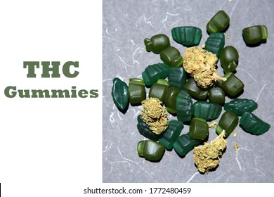 Marijuana Edibles. Edible Cannabis. Medical And Recreational Edible Marijuana Gummy Candy. THC Gummies On A Gray Background. 