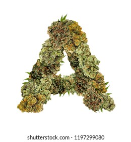 Marijuana Font. Isolated Weed Font. Letter A Symbol Made From Cannabis Buds. Custom Made, Hand Made Ganja Typography. 
Letters Designed From Marijuana Parts.