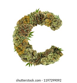 Marijuana Font. Isolated Weed Font. Letter C Symbol Made From Cannabis Buds. Custom Made, Hand Made Ganja Typography. 
Letters Designed From Marijuana Parts.