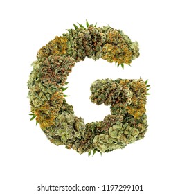 Marijuana Font. Isolated Weed Font. Letter G Symbol Made From Cannabis Buds. Custom Made, Hand Made Ganja Typography. 
Letters Designed From Marijuana Parts.