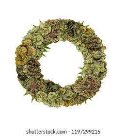 Marijuana Font. Isolated Weed Font. Letter O Symbol Made From Cannabis Buds. Custom Made, Hand Made Ganja Typography. 
Letters Designed From Marijuana Parts.
