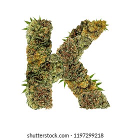 Marijuana Font. Isolated Weed Font. Letter K Symbol Made From Cannabis Buds. Custom Made, Hand Made Ganja Typography. 
Letters Designed From Marijuana Parts.