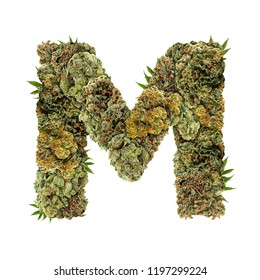 Marijuana Font. Isolated Weed Font. Letter M Symbol Made From Cannabis Buds. Custom Made, Hand Made Ganja Typography. 
Letters Designed From Marijuana Parts.