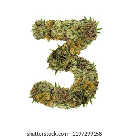 Marijuana Font. Isolated Weed Font. Number Three (3) Symbol Made From Cannabis Buds. Custom Made, Hand Made Ganja Typography. 
Letters Designed From Marijuana Parts.
