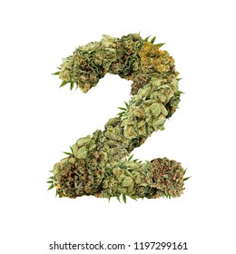 Marijuana Font. Isolated Weed Font. Number Two (2)symbol Made From Cannabis Buds. Custom Made, Hand Made Ganja Typography. 
Letters Designed From Marijuana Parts.