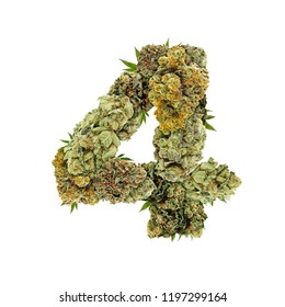 Marijuana Font. Isolated Weed Font. Number Four (4)symbol Made From Cannabis Buds. Custom Made, Hand Made Ganja Typography. 
Letters Designed From Marijuana Parts.