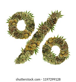 Marijuana Font. Isolated Weed Font. Percentage (&) Symbol Made From Cannabis Buds. Custom Made, Hand Made Ganja Typography. 
Letters Designed From Marijuana Parts.