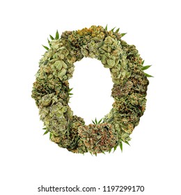 Marijuana Font. Isolated Weed Font. Zero (0) Symbol Made From Cannabis Buds. Custom Made, Hand Made Ganja Typography. 
Letters Designed From Marijuana Parts.