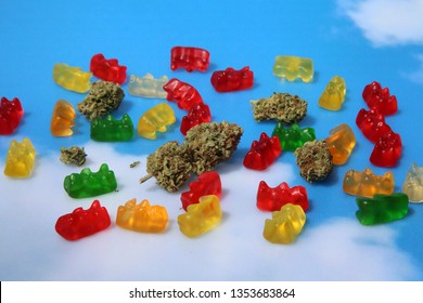 Marijuana Gummy Bears. Marijuana Or Cannabis Infused Gummy Candies. THC Infused Gummies. CBD Infused Jellies. Blue Sky Background. Room For Text. 