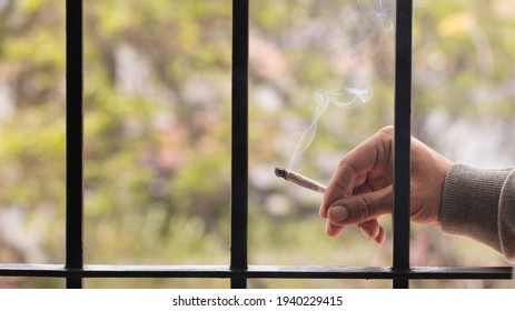 Marijuana Joint Lit, In The Hands, With Prison Gate And Forest In The Background