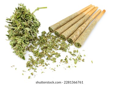 Marijuana joint pre-rolled cone paper on white background,  roll paper cannabis