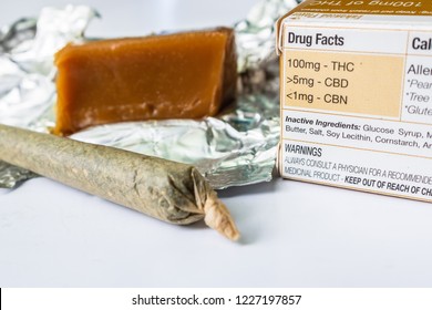 Marijuana Joint With THC Infused Caramel Candy. Drug Facts On Box Up Close.