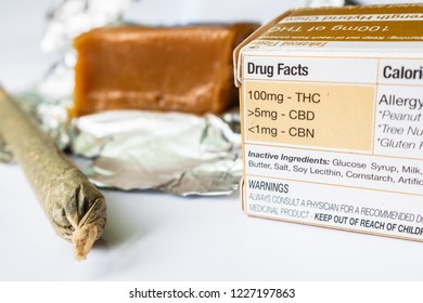 Marijuana Joint With THC Infused Caramel Candy. Drug Facts On Box Up Close.