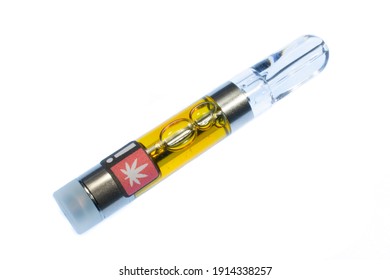 Marijuana vape pen cartridge with  marijuana warning icon. Isolated on white background. 