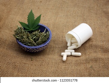 Marijuana Versus Synthetic White Pills Treatment Concept. 